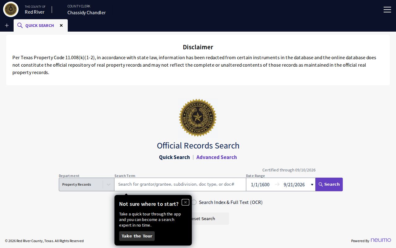 Red River County warrant records reference showing the property-records search form
