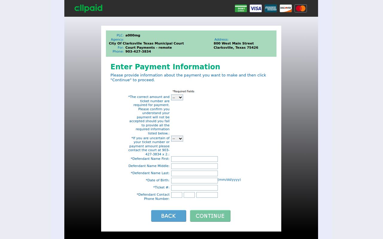 Red River County traffic warrant reference showing a blank Clarksville court-payment screen