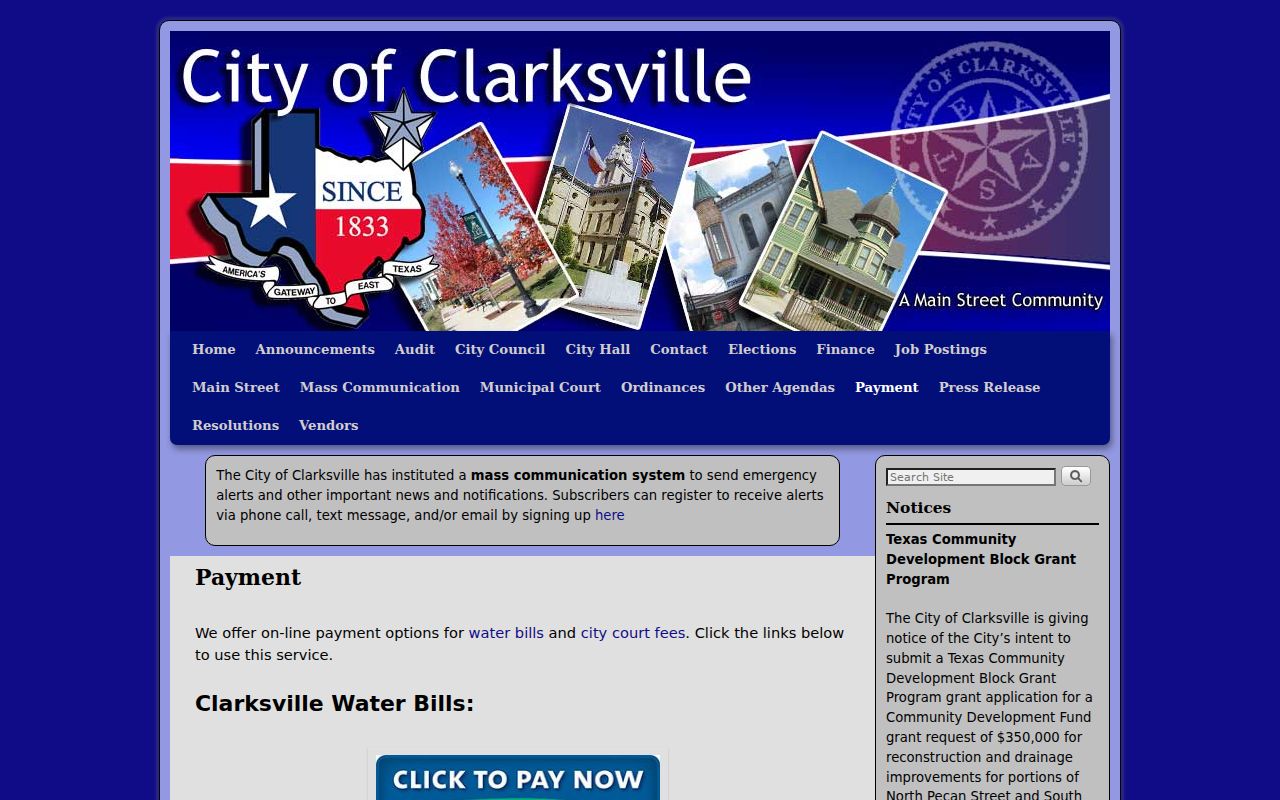 Red River County city court warrant reference showing the Clarksville court payment page