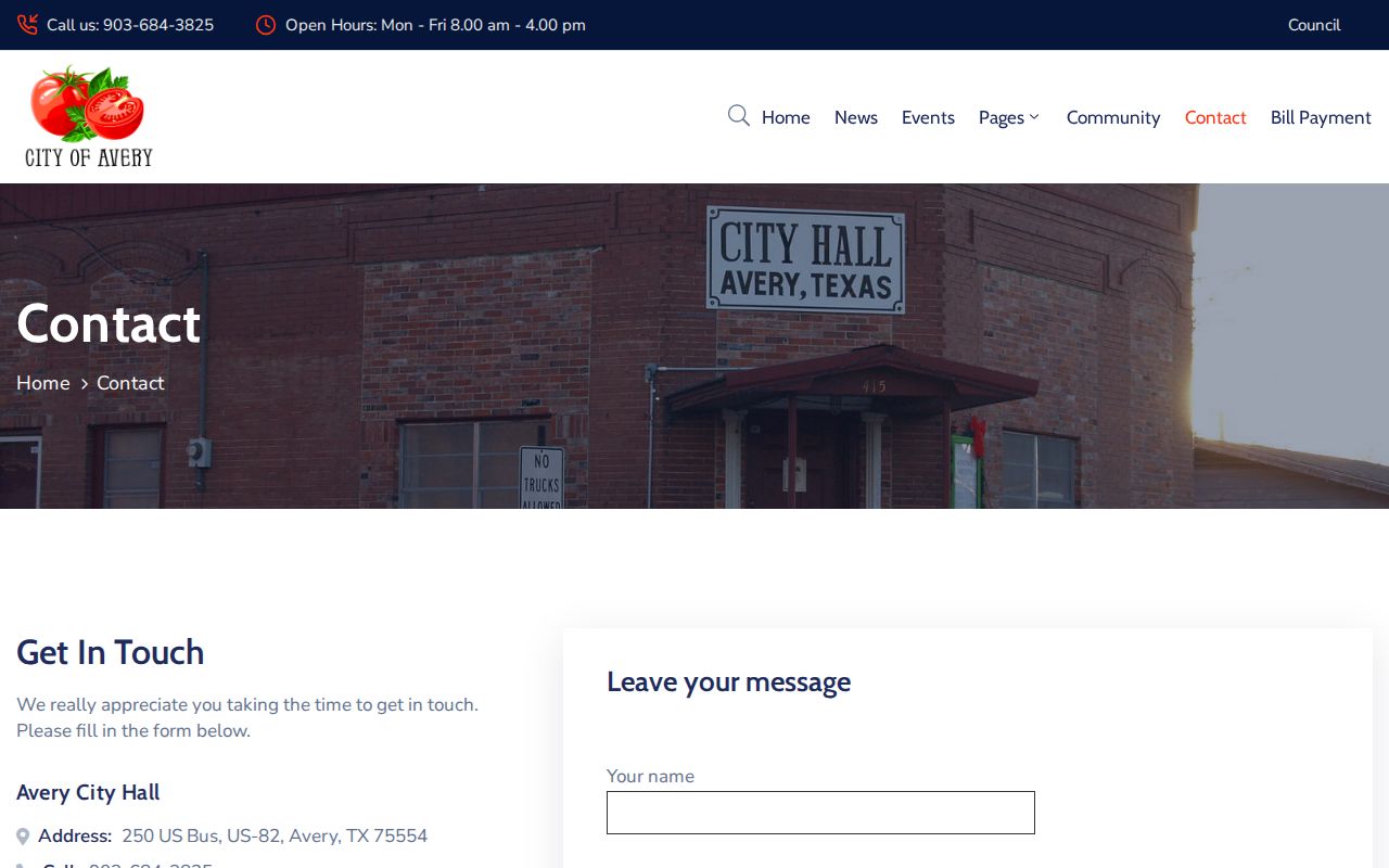 Avery warrant records contact reference showing the city hall contact page