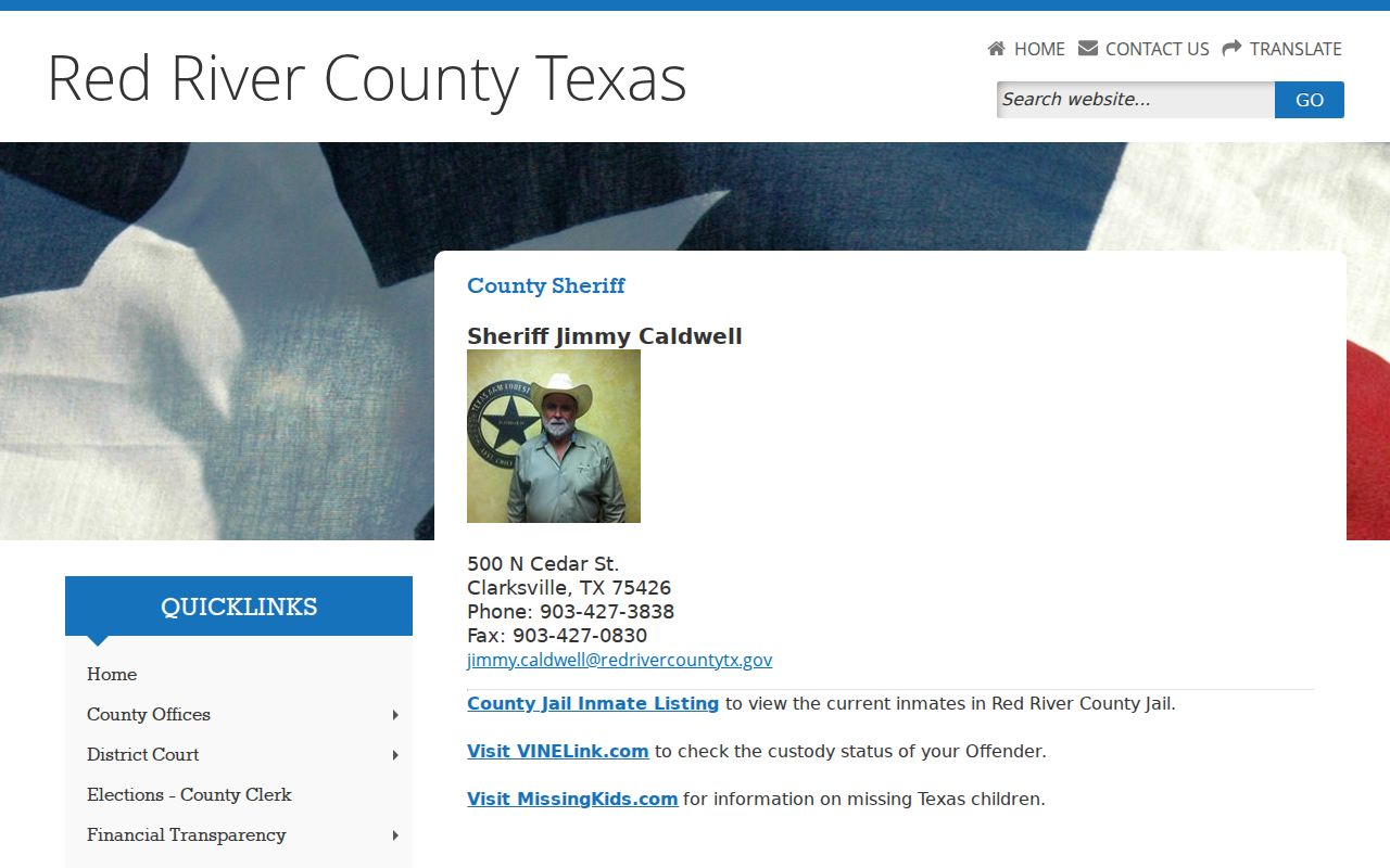 Red River County warrant records reference showing the Sheriff contact page